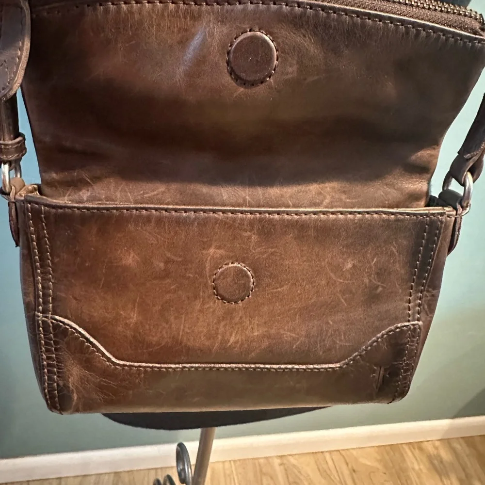 FRYE Brown Distressed Leather Foldover Crossbody Bag 6"H x 8.5"L - Picture 2 of 4